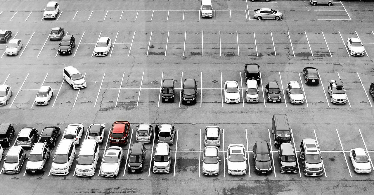 High Angle View Of Vehicles In Parking Lot