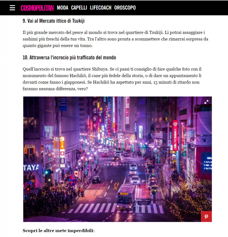 My sold photograph from Getty images that was used for “10 cose da fare assolutamente a Tokyo” on COSMOPOLITAN!