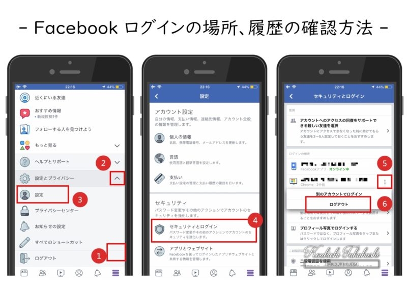 Facebookセキュリティ対策。ログインの場所、履歴の確認方法、やり方。フェイスブック セキュリティとログイン。デバイスログアウト方法
