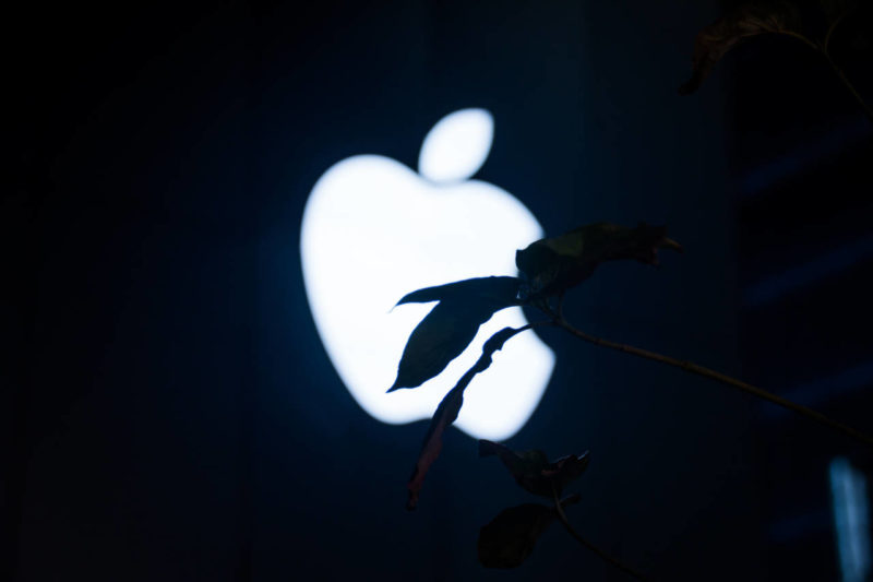 Apple logo glowing against black background and silhouette of leaves k- stockphoto editorial EyeEm